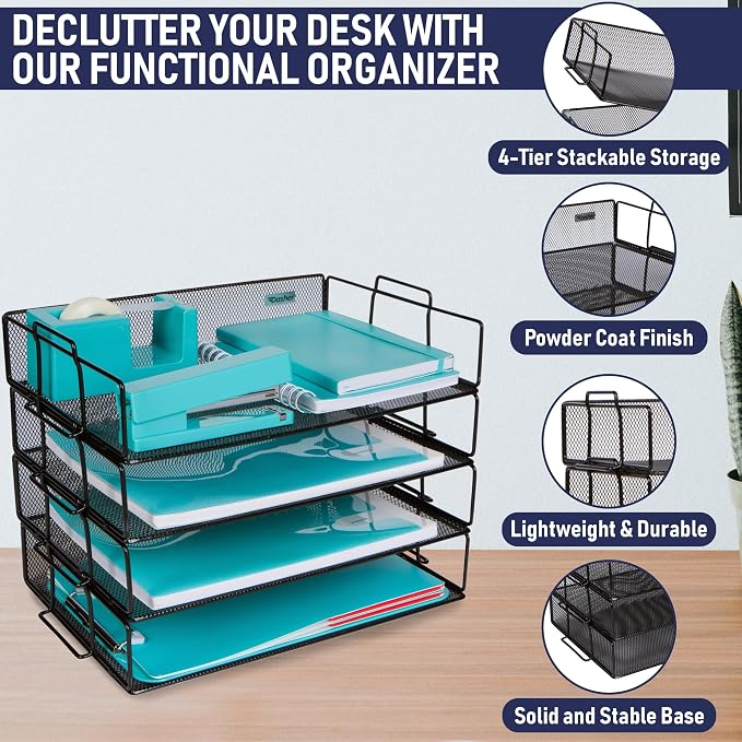 Stackable Paper Tray Desk Organizer, 4-Tier Metal Mesh Letter Organizers - Image 2