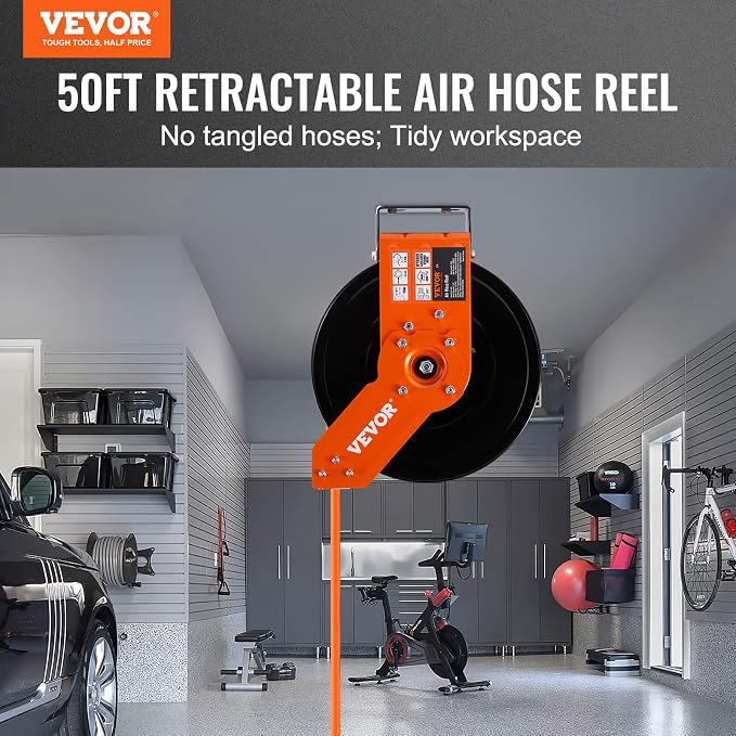 VEVOR Retractable Air Hose Reel 3/8 IN x 50 FT Hybrid Air Hose Max 300PSI | 5ft - Image 2