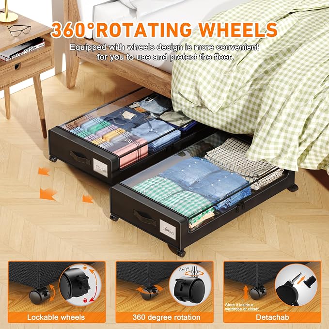 Under Bed Storage with Wheels, 2 Pack Under Bed Storage Containers with Clear - Image 3