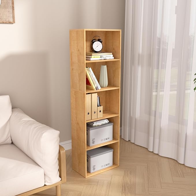 Wooden 5 Cube Storage Organizer, Oak 5 Tier Bookcase Bookshelf Freestanding - Image 6