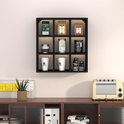 Helsin 9 Grid Vintage Coffee Mug Display Rack, 16inch Wall Mounted Wooden Curio - Image 5