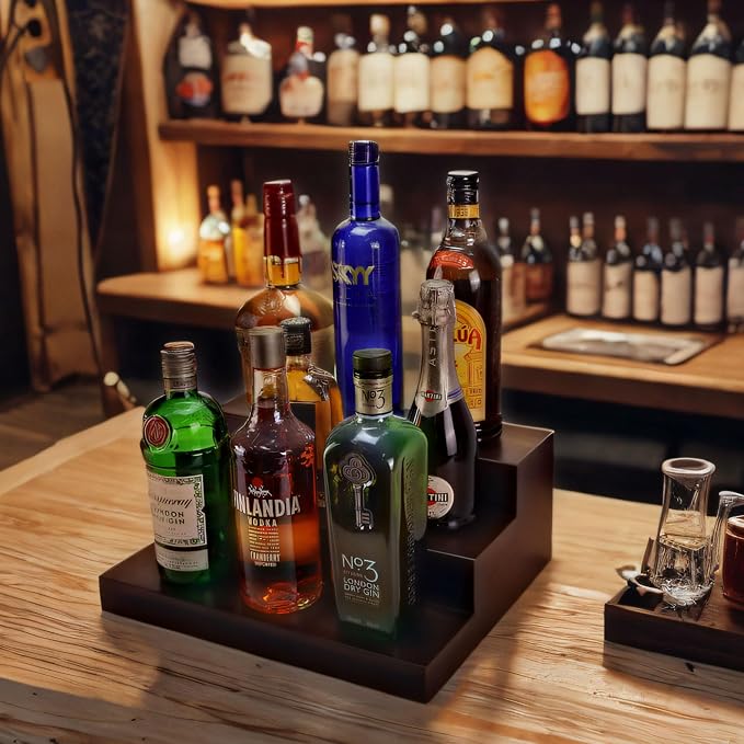 BARsics 3 Tiered Walnut Wood Liquor Bottle Shelf, Back Bar Riser Display - Image 5