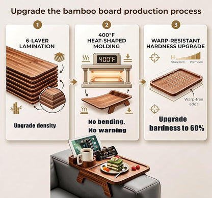 Bamboo Couch Arm Tray, with Cup Holder Phone Stand&Non-Slip | 100% side-pressed - Image 2