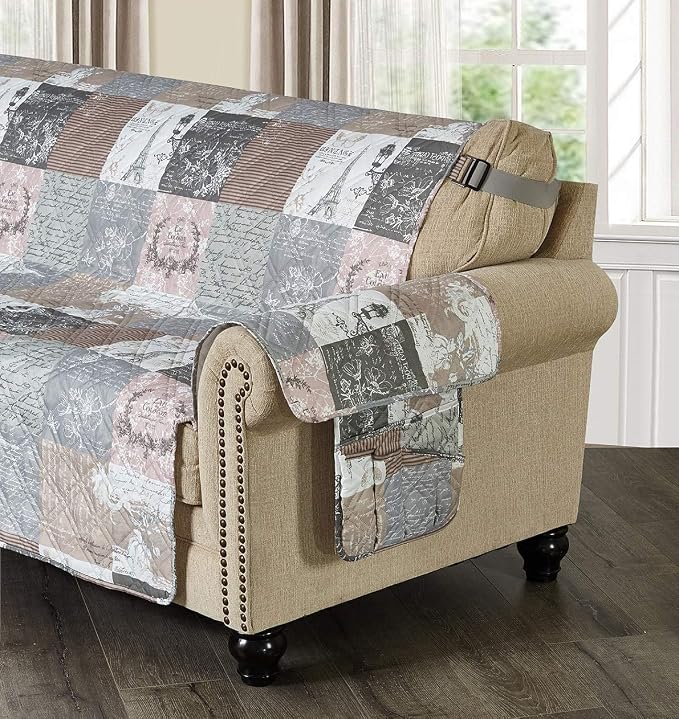Brilliant Sunshine Paris and Toile Floral Patchwork Couch Armrest 5 Pockets - Image 2