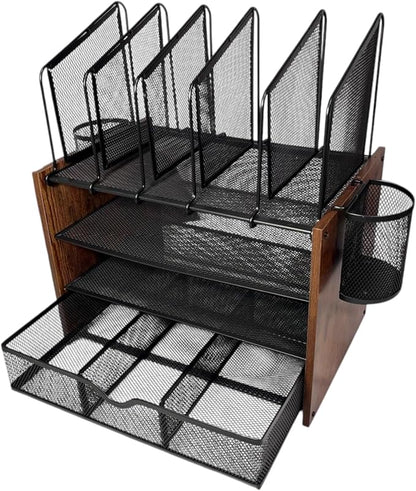 4-Tier Wood & Metal Desk Organizer – Vertical File Tray, Pen Holder & Drawer | - Image 9
