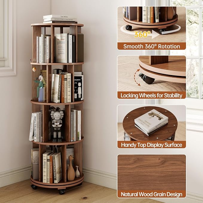 4-Tier Rotating Bookshelf on Wheels, 360° Spinning Bookshelf Tower, Round - Image 7