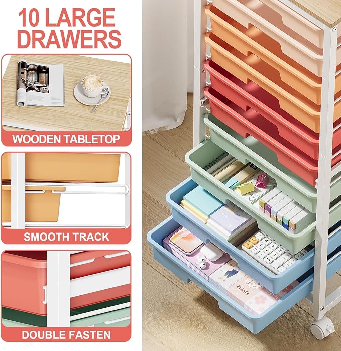Rolling Cart with Drawers, 10 Drawer Rolling Cart, Storage Cart with Wheels - Image 4