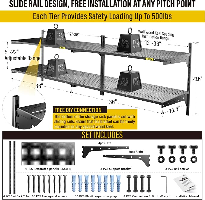 2-Pack 2 Tier 1.3x3ft Garage Shelving Wall Mounted, 500lbs Load - Image 2