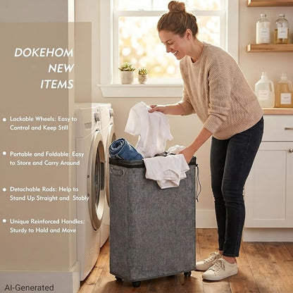 DOKEHOM 25-Inches Slim Laundry Basket on Wheels, Collapsible Rolling Laundry - Image 2