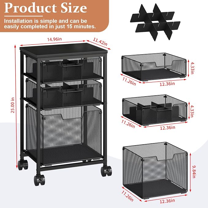 Sbanmao Rolling File Cart with 3 Drawers, File Cabinet with DIY Divider - Image 2