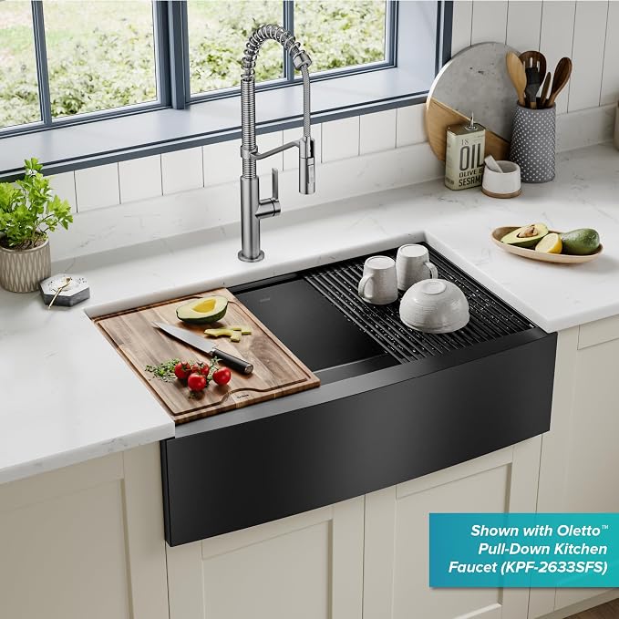 KRAUS Kore Workstation 33-inch Farmhouse Apron Front 16 Gauge Black Stainless - Image 2