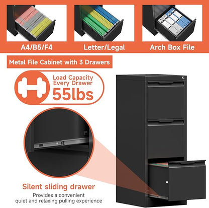 3 Drawer File Cabinet with Lock, Vertical Filing Cabinets - Image 4