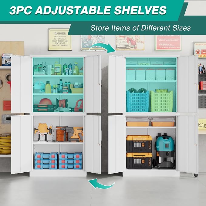 Metal Storage Cabinet with 3 Adjustable Shelves, Garage Storage Cabinet with - Image 7