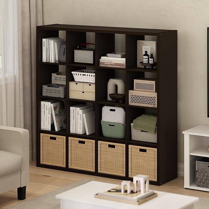 Furinno Cubicle 16-Cube Book Shelf, Extra Thick Frame Bookshelf, Dark Oak | - Image 2