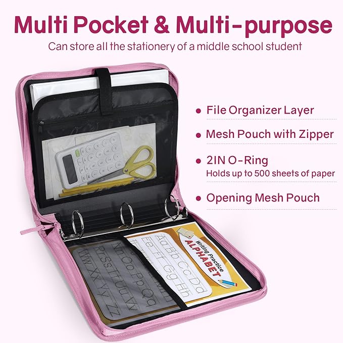 SUNEE Zippered Binder Bag with Handle, 2-Inch 3-Ring O-Ring, 500-Sheet Capacity - Image 3