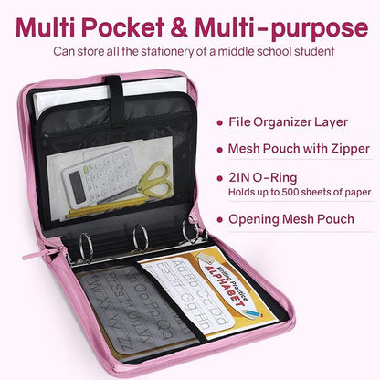 SUNEE Zippered Binder Bag with Handle, 2-Inch 3-Ring O-Ring, 500-Sheet Capacity - Image 3