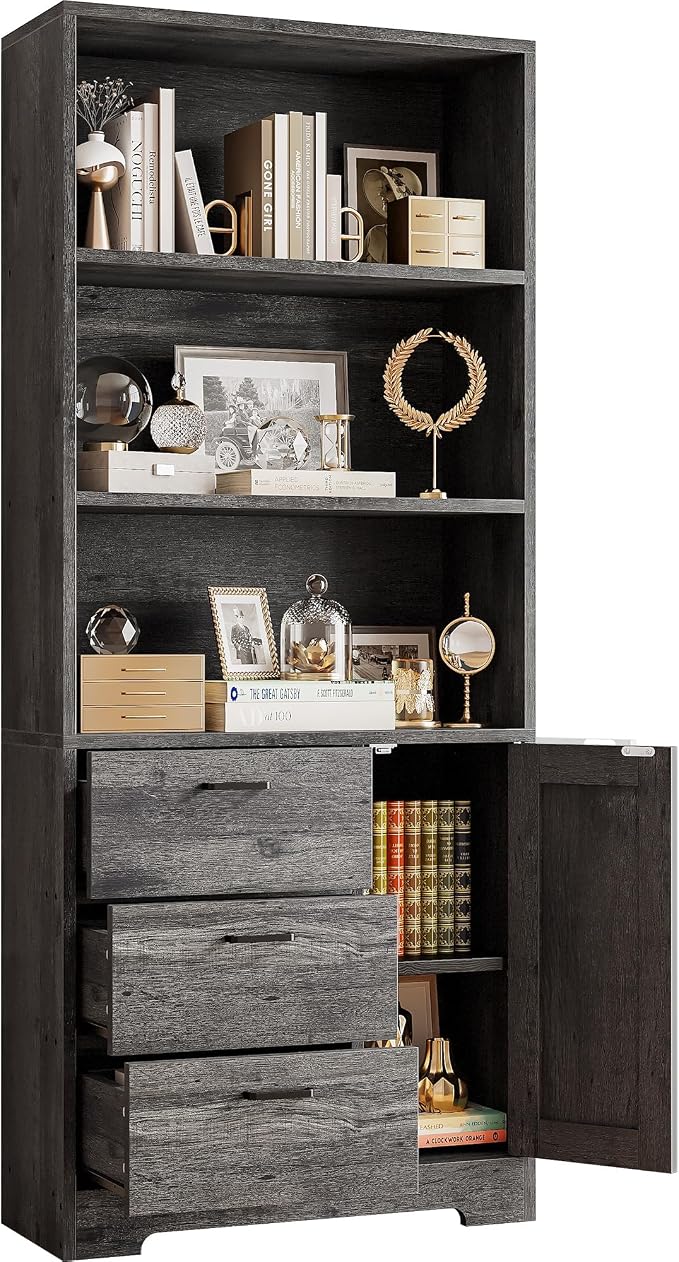 IRONCK Bookshelf with Door and 3 Drawers, 71in Tall Bookcase Shelf with 3-Tier by IRONCK