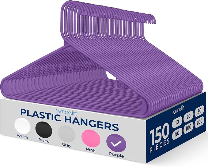 SereneLife 150-Piece Plastic Hangers Set Purple – Non-Slip, Heavy Duty Coat by SereneLife