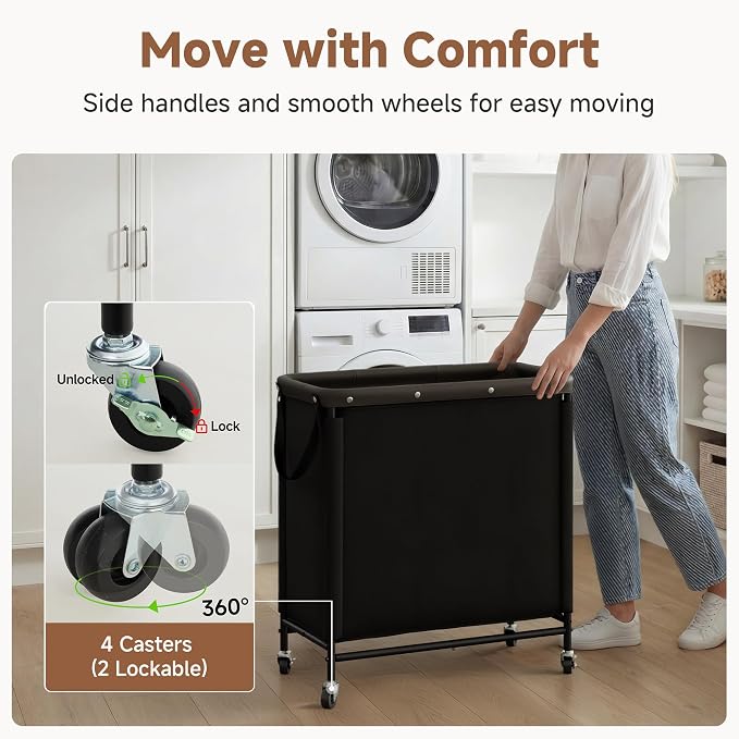StorageWorks 3 Section Laundry Hamper, Rolling Laundry Cart - Image 4