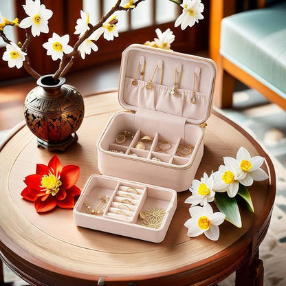 small travel jewelry case, Double Layer Travel Jewelry Box Organizer, Leather - Image 6