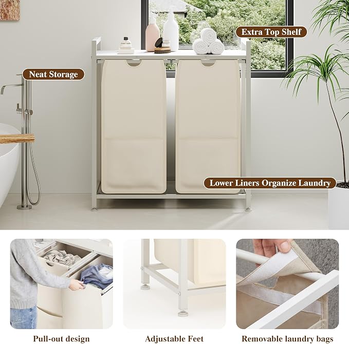 2-Section Laundry Hamper with Shelf, Pull-Out Removable 12.8 gal Bags, Metal - Image 5