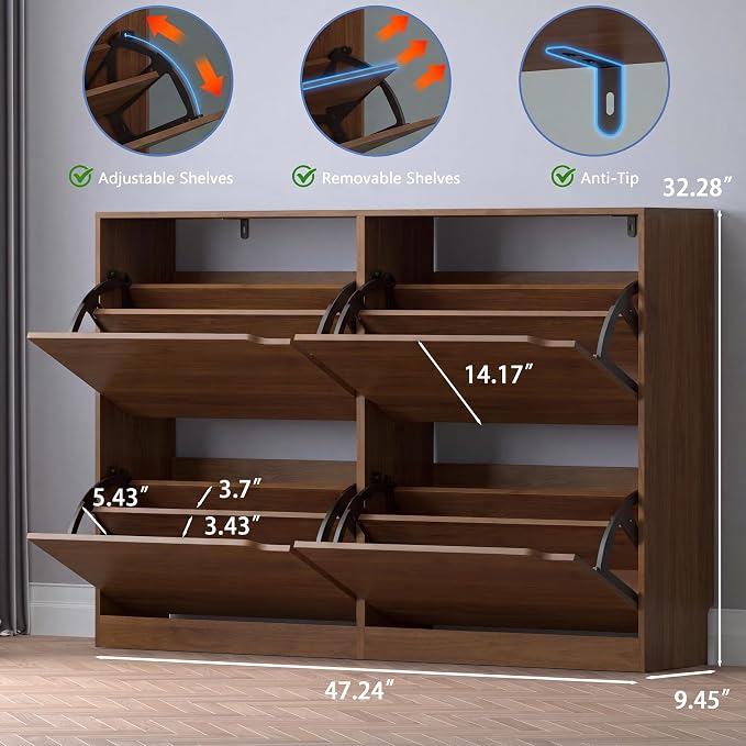 BORNOON Shoe Cabinet with 4 Flip Drawers, Narrow Hidden Shoe Storage Cabinet - Image 2