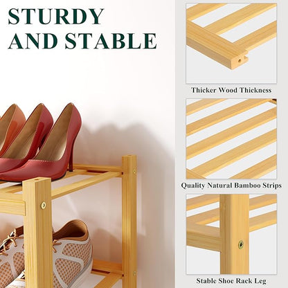 Smiry Bamboo Shoe Rack for Closet, 3 Tier Wooden Stackable Shoe Organizer - Image 3