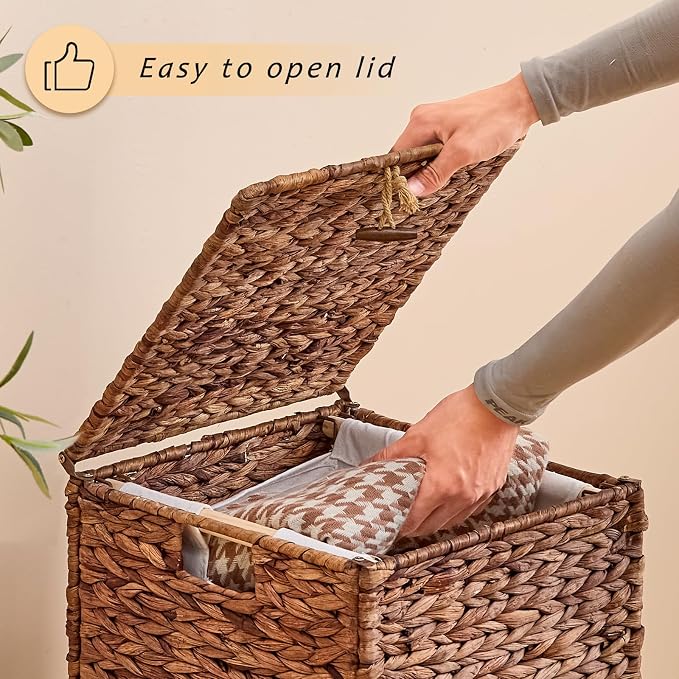 Handwoven Laundry Hamper with Lid, Natural Water Hyacinth Heightened Feet - Image 7