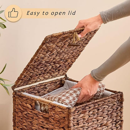 Handwoven Laundry Hamper with Lid, Natural Water Hyacinth Heightened Feet - Image 7