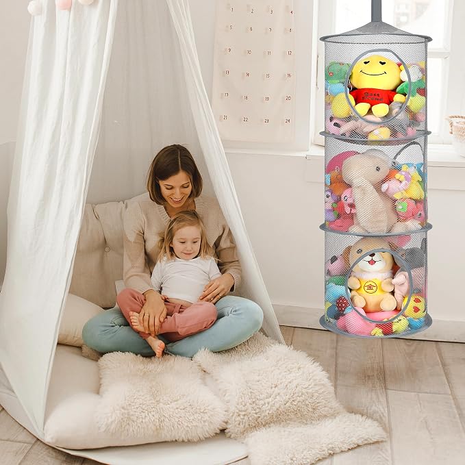 2Pcs Hanging Stuffed Animal Storage Hammock Net 3 Tiers, Holds Plushies - Image 2