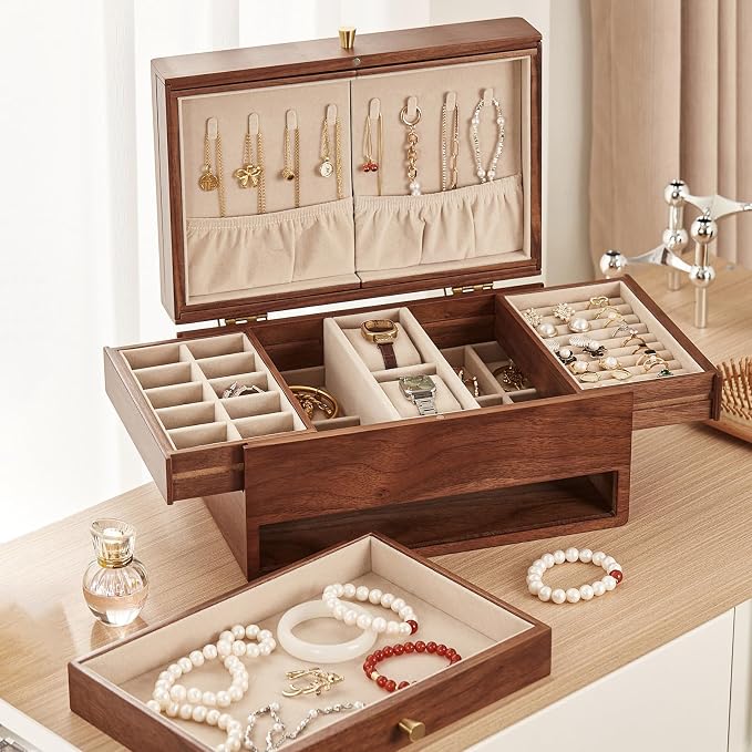 Wooden Jewelry Box for Women, 3 Level Multi-functional Drawers Black Walnut - Image 6