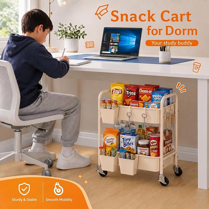 Beige 2 Tiered Small Rolling Cart on Wheels, Diaper Caddy Bedside Cart - Image 4