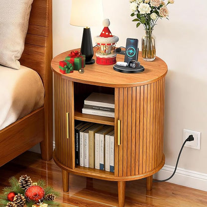 Nightstand with Charging Station, Fluted Accent Side Table with Sliding Door & by DHHFurnitureBuyNow