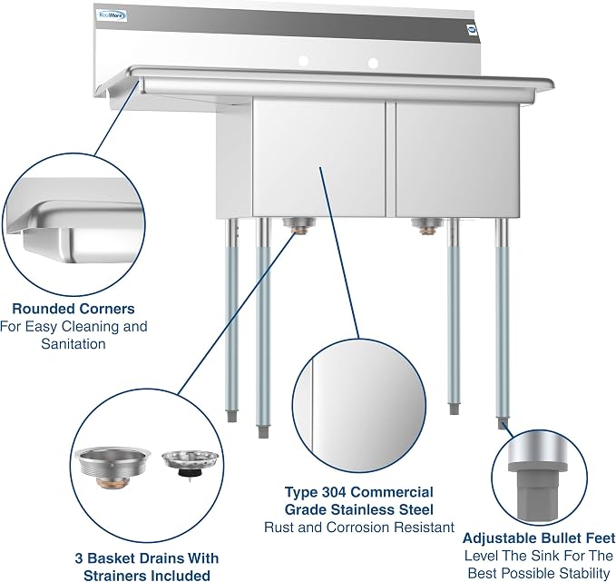 KoolMore 2 Compartment Stainless Steel NSF Commercial Kitchen Prep & Utility - Image 5