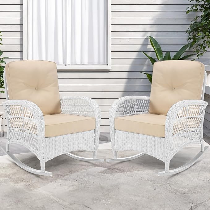 VIVIJASON 2 Piece Patio Wicker Rattan Rocker Chair, Outdoor Rattan Rocker Chair - Image 7