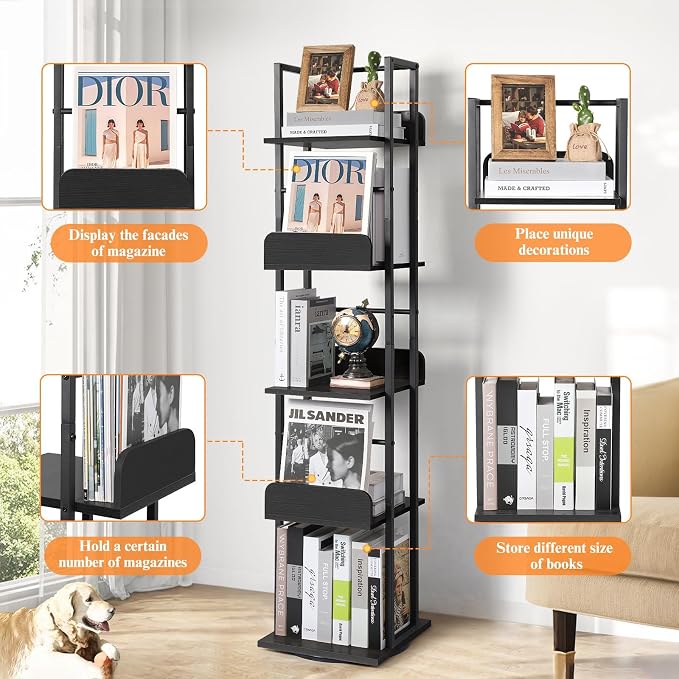 Bikoney Rotating Bookshelf, 360 Display Spinning Bookshelf Tower, 5-Tier Narrow - Image 5
