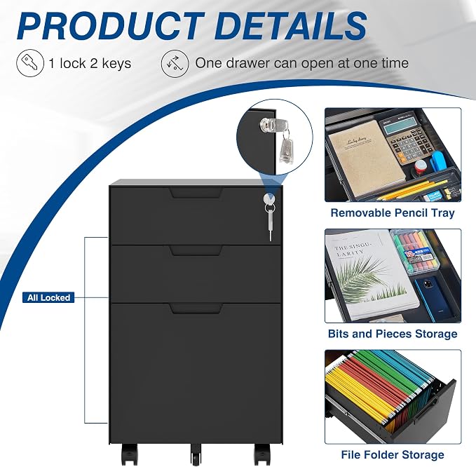 3 Drawer Vertical File Cabinet, Mobile Filling Cabinets - Image 7