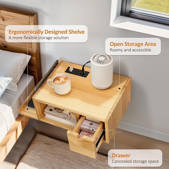 Afuly Floating Nightstand with Charging Station, Wall Mount Night Stand with - Image 5