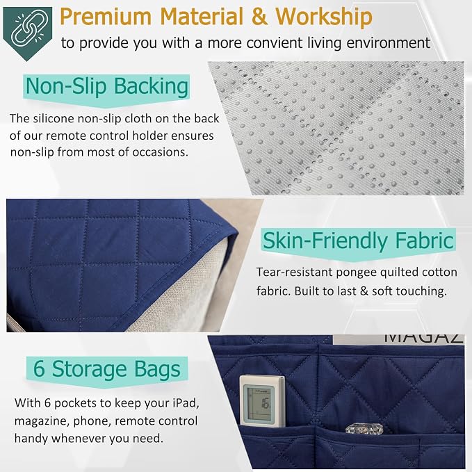 Sofa Armrest Organizer with 6 Pockets, Non-Slip Couch Recliner Armchair Caddy - Image 3