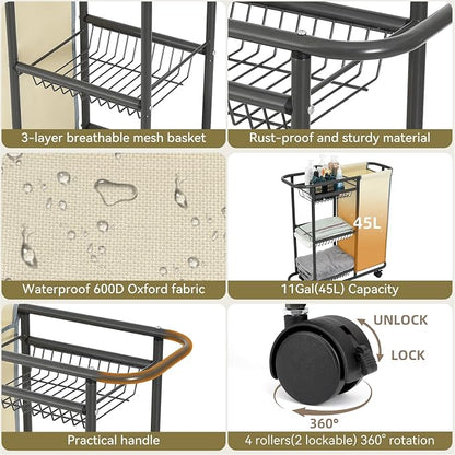 Rolling Laundry Basket with 3 Storage Baskets and 45 L Bag, Heavy Duty Laundry - Image 5