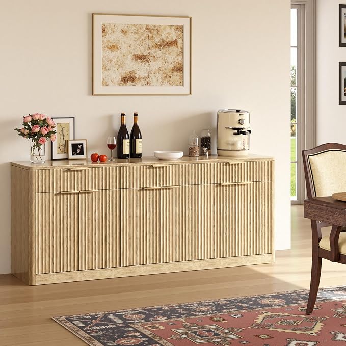 Evermagin 67" Fluted Oak Sideboard Buffet Cabinet by Evermagin