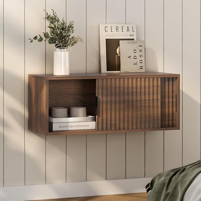 Large Floating TV Stands Set of 2, Modern Fluted Nightstands Wall Mounted - Image 3