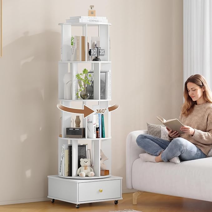 4 Tier Wood Rotating Bookshelf, 360° Spinning Bookshelf Tower by Nivisre
