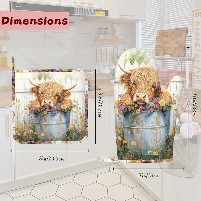 Cute Highland Cow Flowers Garden Heat-Resistant Silicone Oven Mitts and Pot - Image 2