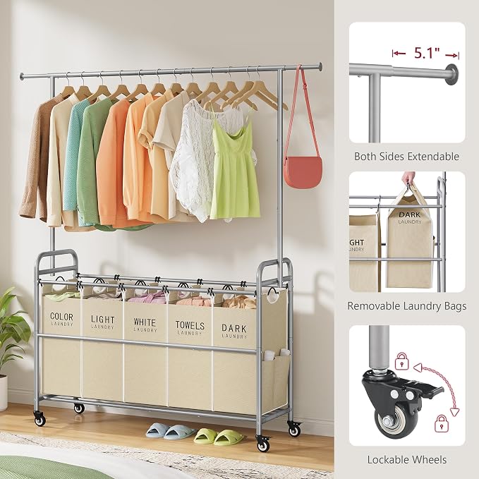 Tajsoon Laundry Sorter with Hanging Bar, 5 Bag Laundry Sorter with Wheels - Image 6