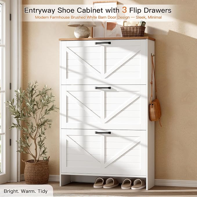 Nicetree Shoe Cabinet, 3 Flip Drawers & Adjustable Shelves, Ultra Slim - Image 3
