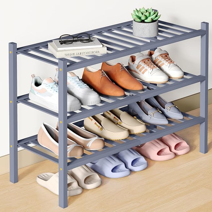 Smiry Bamboo Shoe Rack for Closet, 3 Tier Wooden Stackable Shoe Organizer by Smiry