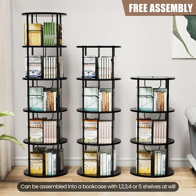 Flycity 5 Tier Rotating Bookshelf, 360° Corner Bookshelf Tower, Round Revolving - Image 5