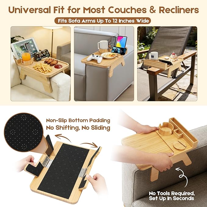 Bamboo Couch Arm Tray, with Cup Holder Phone Stand&Non-Slip | 100% side-pressed - Image 4