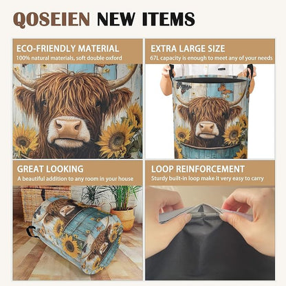 Large Laundry Basket, Highland Cow Collapsible Laundry Baskets, Sunflower - Image 2